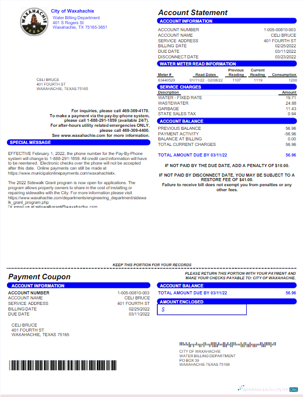 download download USA CITY OF WAXAHACHIE utility bill Word and PDF template PDF template PDF template